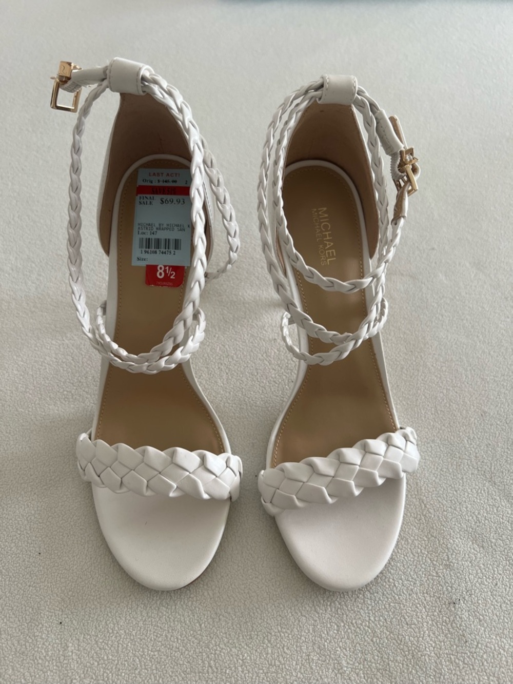 Michael Kors White Braided Ankle-Strap Block Heel Sandals